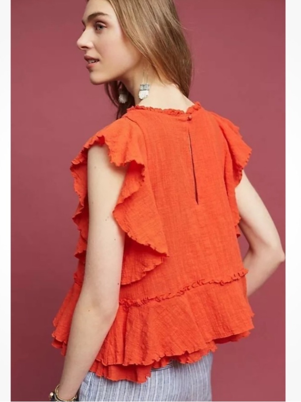 Anthropologie MAEVE Cascade Red Cotton Gauze Tiered Flutter Top Medium - Picture 3 of 9
